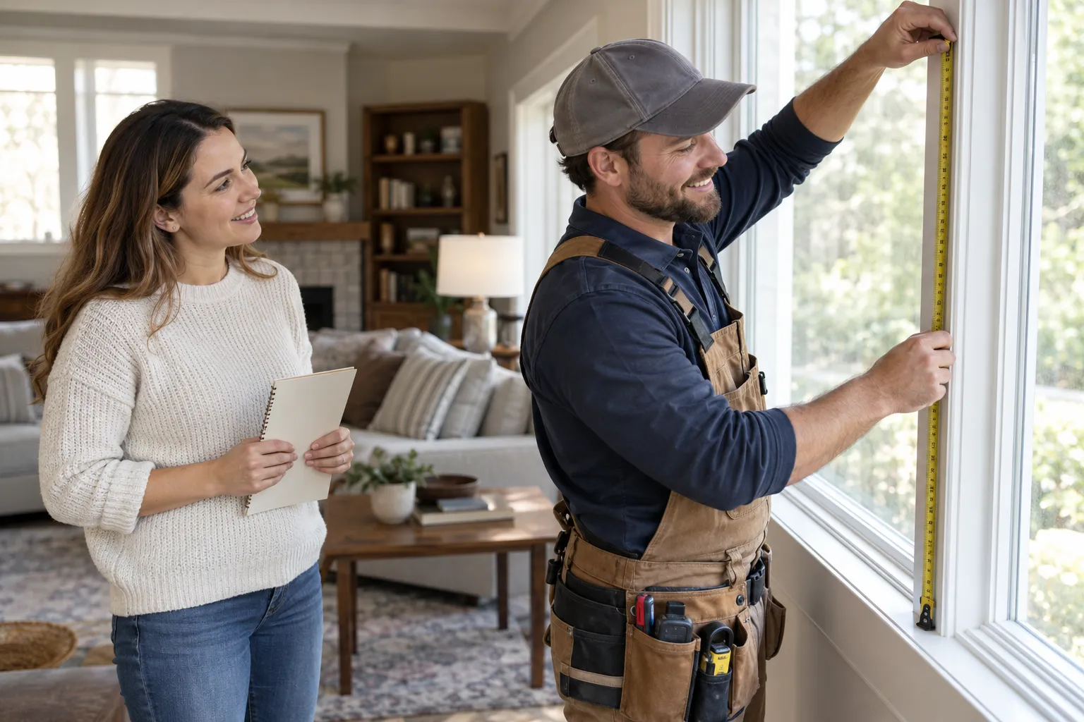 Provider measuring a window for replacement in the Loomis area