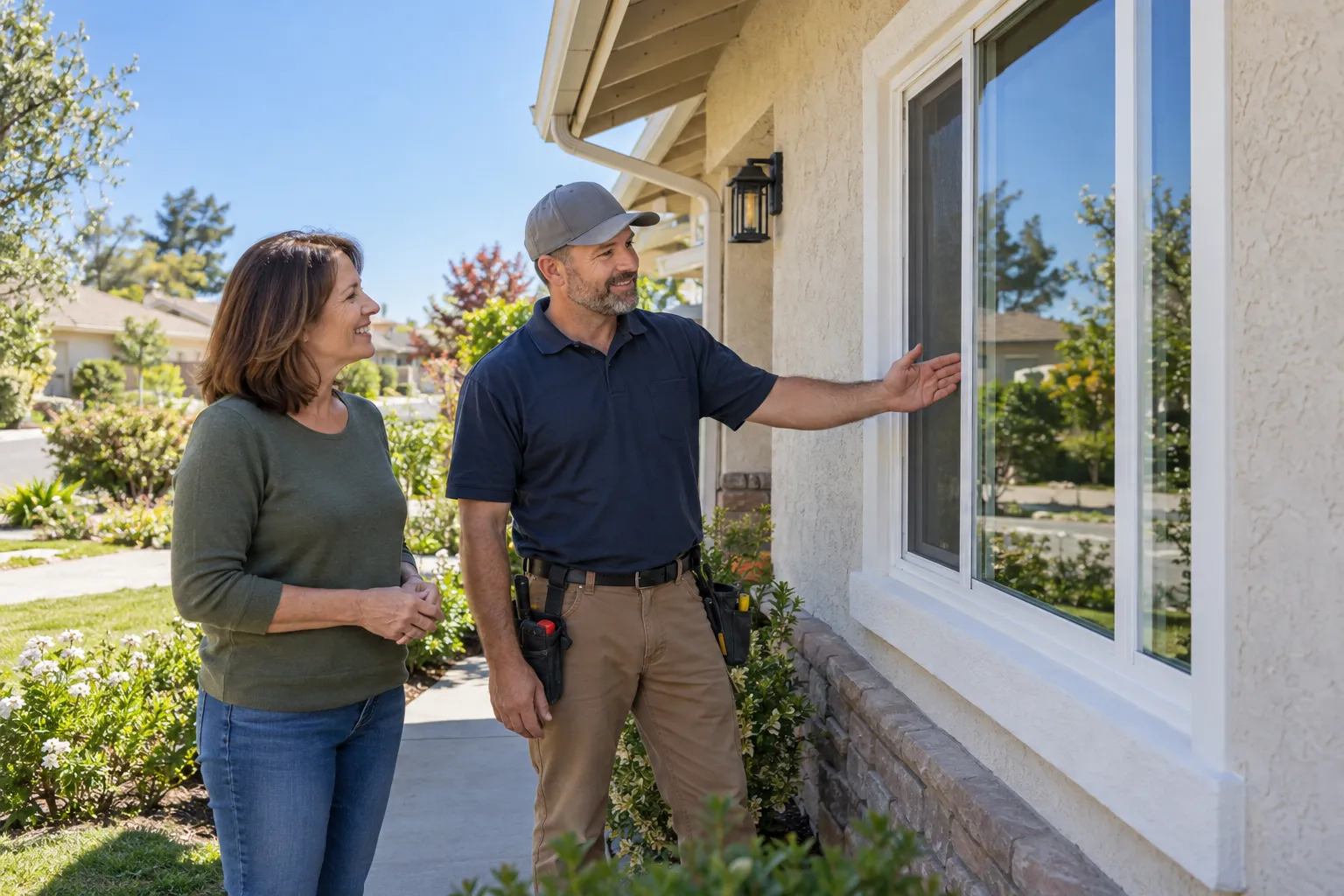 Homeowner reviewing new window installation with a provider at a stucco home in Loomis