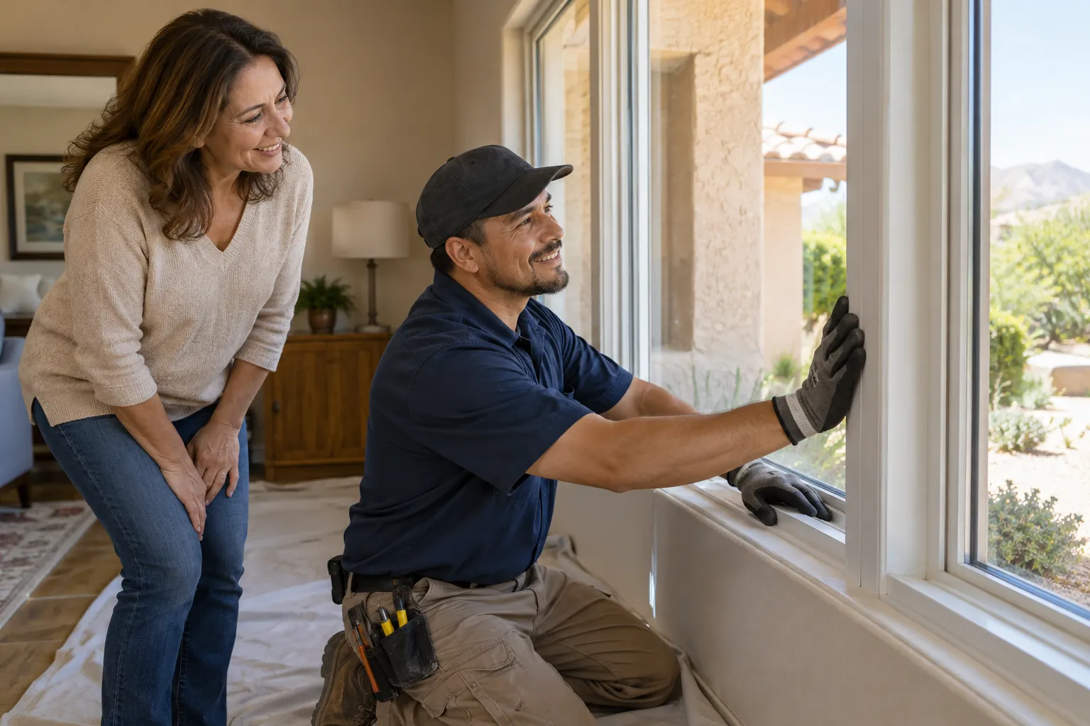 Friendly provider carefully setting a new energy efficient window into a stucco home in Loomis while a homeowner looks on